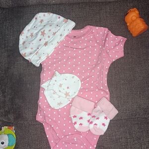 Pink Polka Dot Baby Bodysuit with Star Hat & Socks